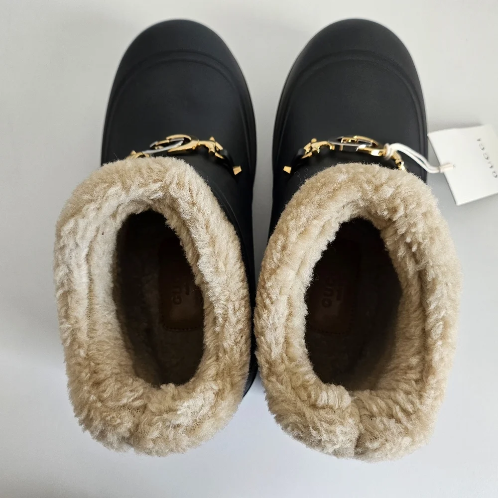 New With Tags Gucci Horsebit Black Rubber & Shearling Ankle Boots - Size EU 37